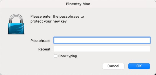 gpg generate new key - provide passphrase - pinentry mac