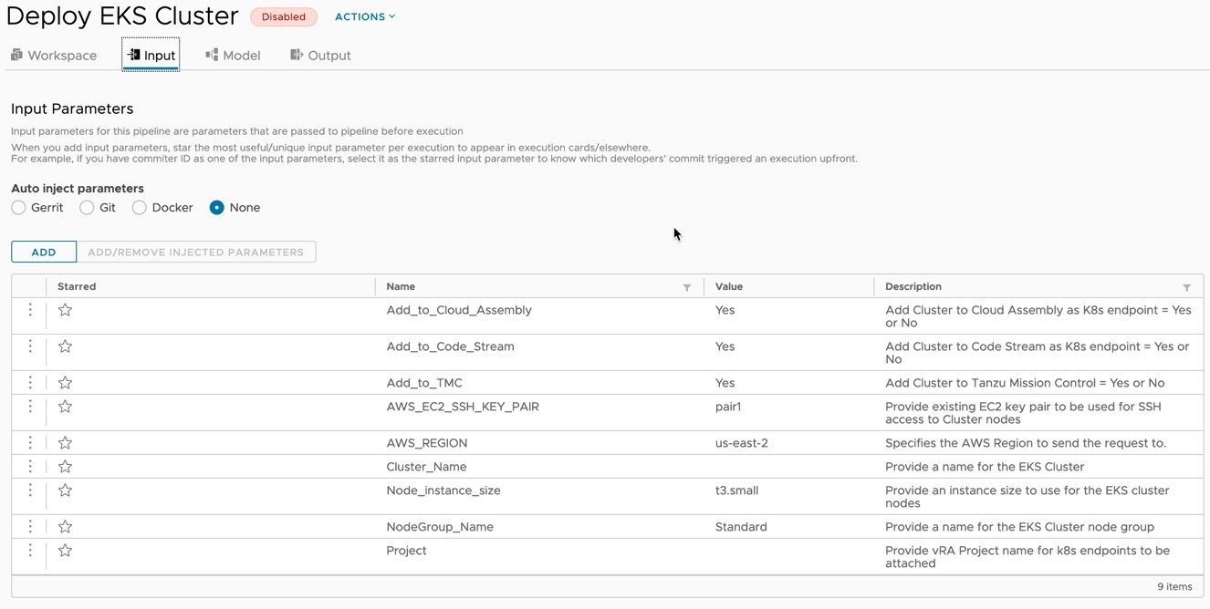 vRA EKS - Edit pipeline - Input