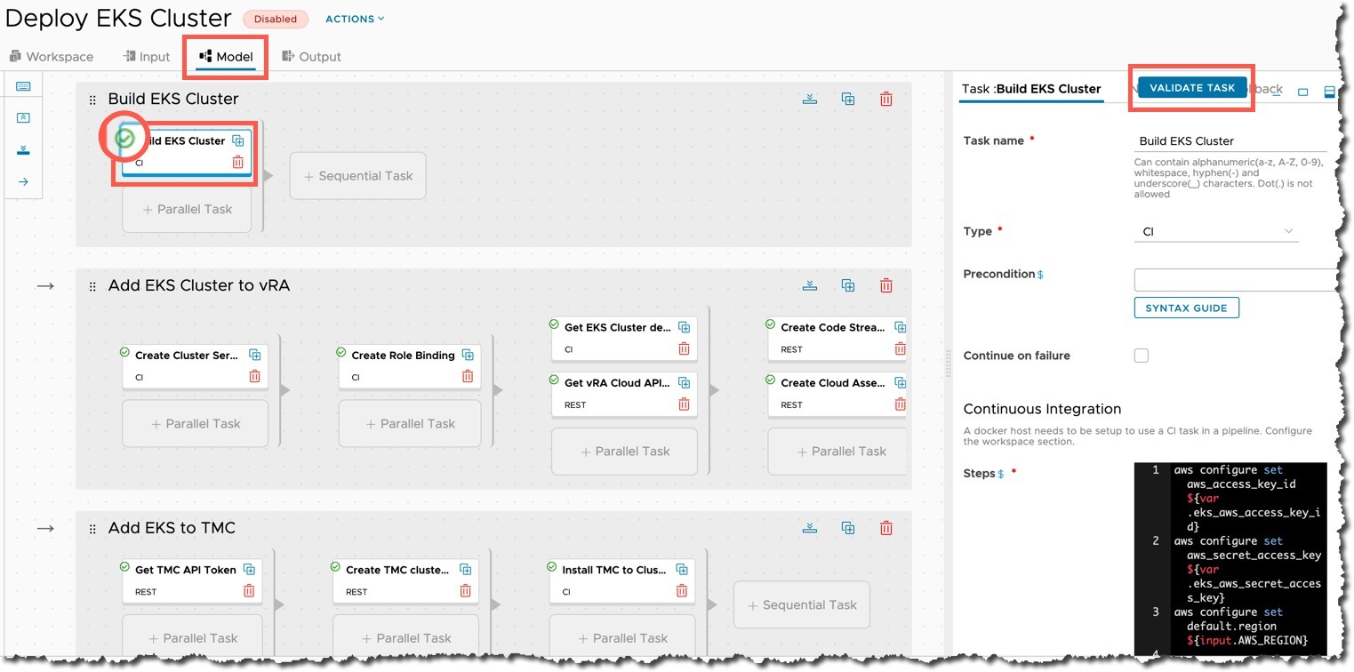 vRA EKS - Edit pipeline - Model - validate tasks