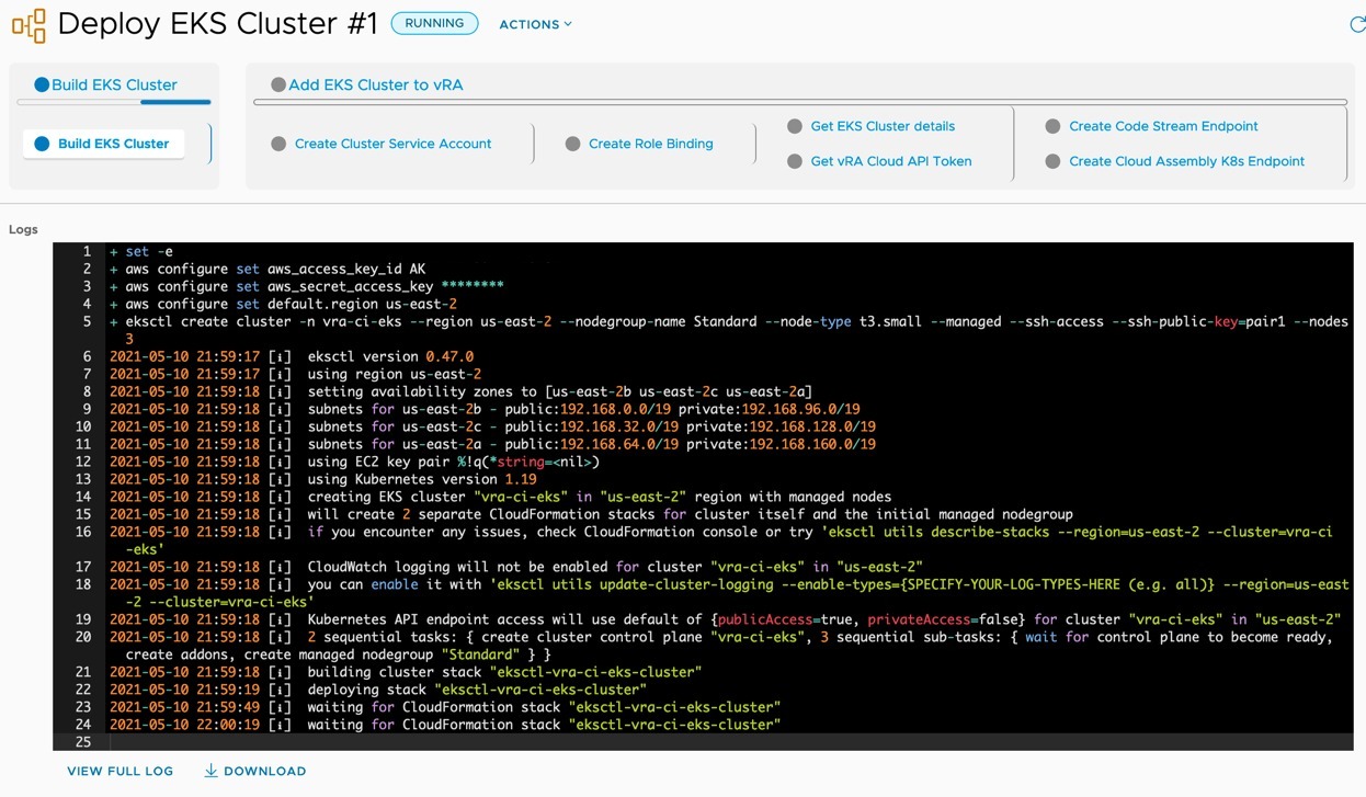 vRA EKS - Run Pipeline - View Execution - Build EKS Cluster output