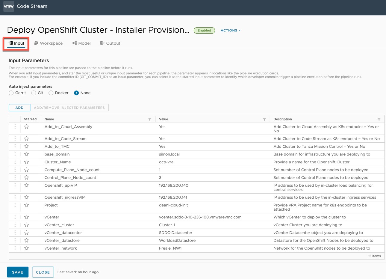 vRA Deploy Openshift - Code Stream - Inputs
