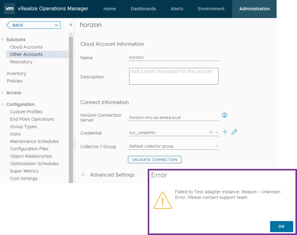 vROPs Horizon - failed to test adapter instance