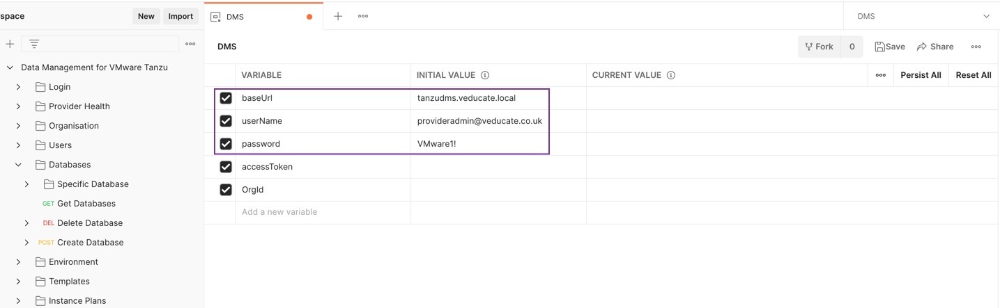 Data Management for Tanzu - API Postman Collection - Variables