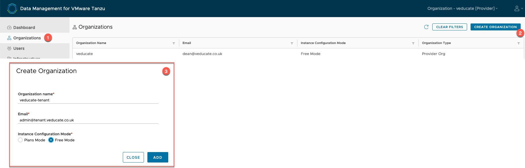 Data Management for Tanzu - Create Organisation