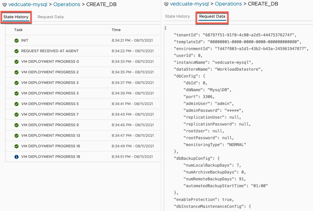 Data Management for Tanzu - Org User - Create Database - Operations - Create DB - State History - Request Data