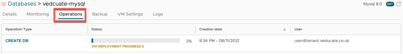 Data Management for Tanzu - Org User - Create Database - Operations - Create DB
