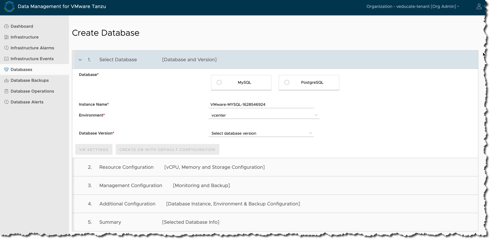 Data Management for Tanzu Provider Create Database Page