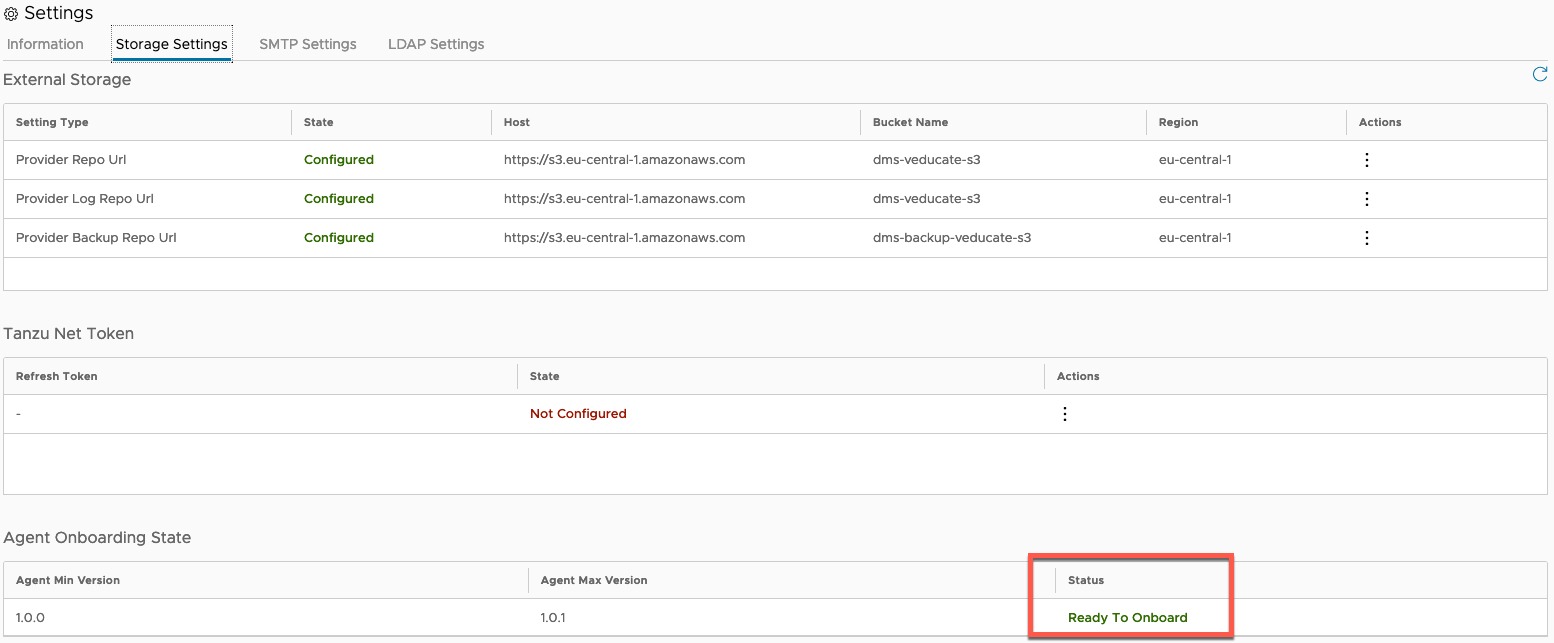 Data Management for Tanzu - Storage Settings - Agent Onboarding State - Ready to Onboard