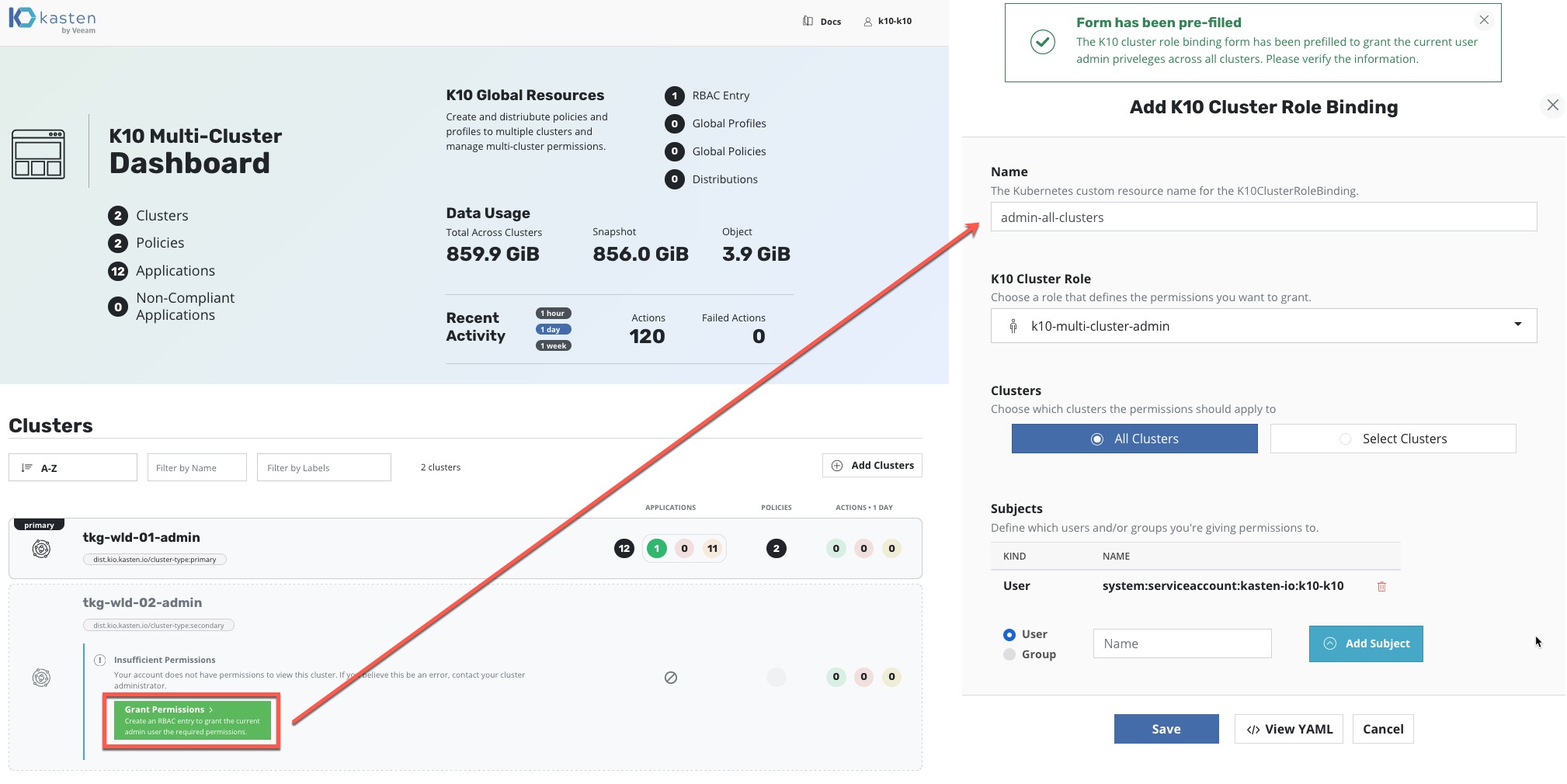 k10 dashboard - clusters - grant permissions - pre-filed form - Add k10 Cluster Role Binding