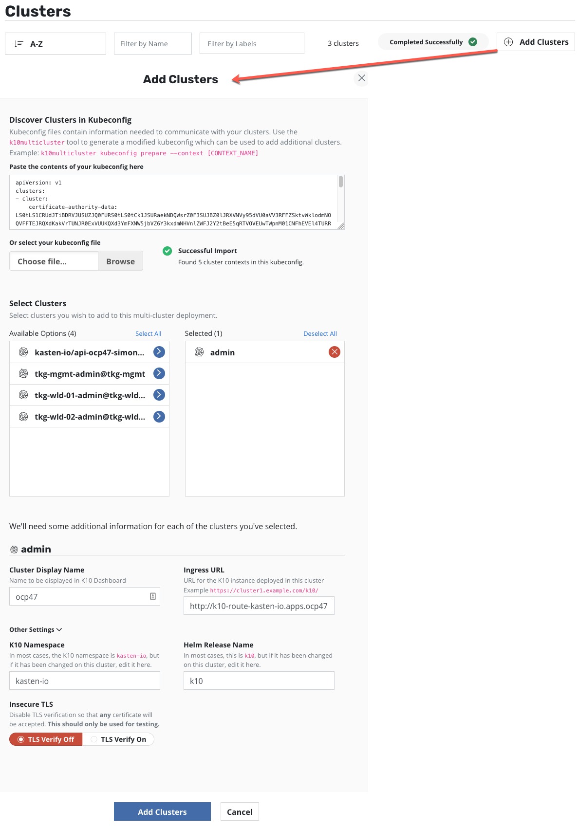 k10 multi cluster - add clusters in the UI