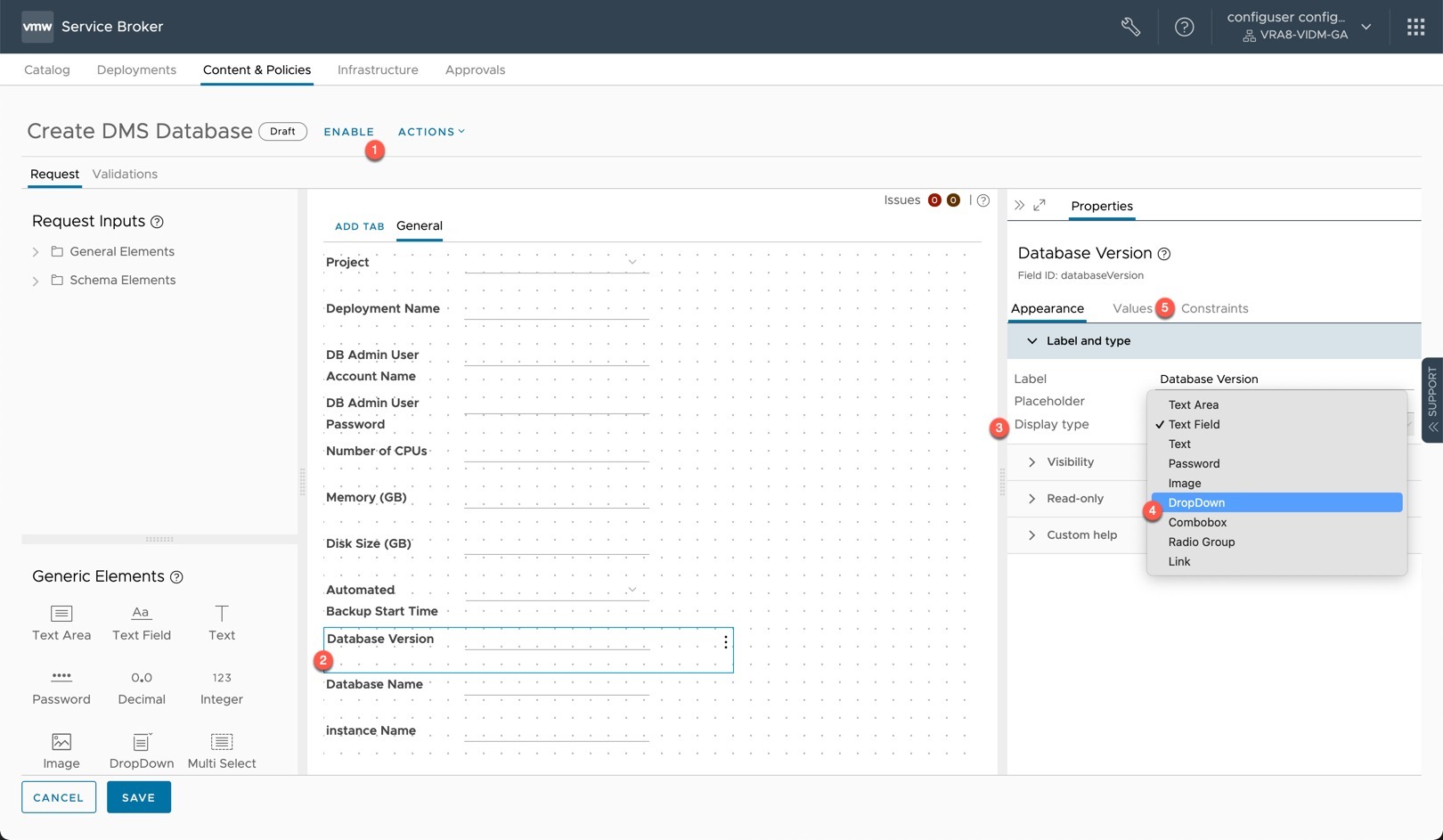DMS - vRA - Service Broker - Content - Customize Form - Enable - Set Value to Drop Down