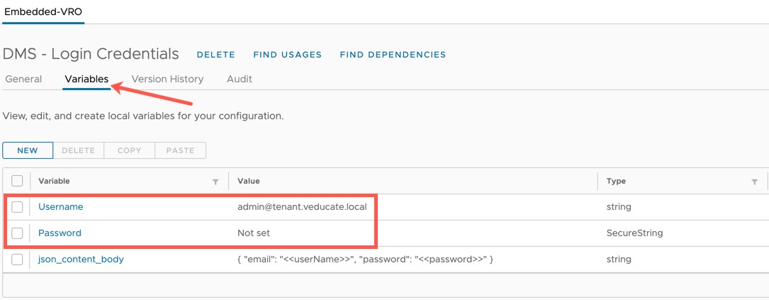 DMS - vRO Configurations - Edit DMS - Login Credentials