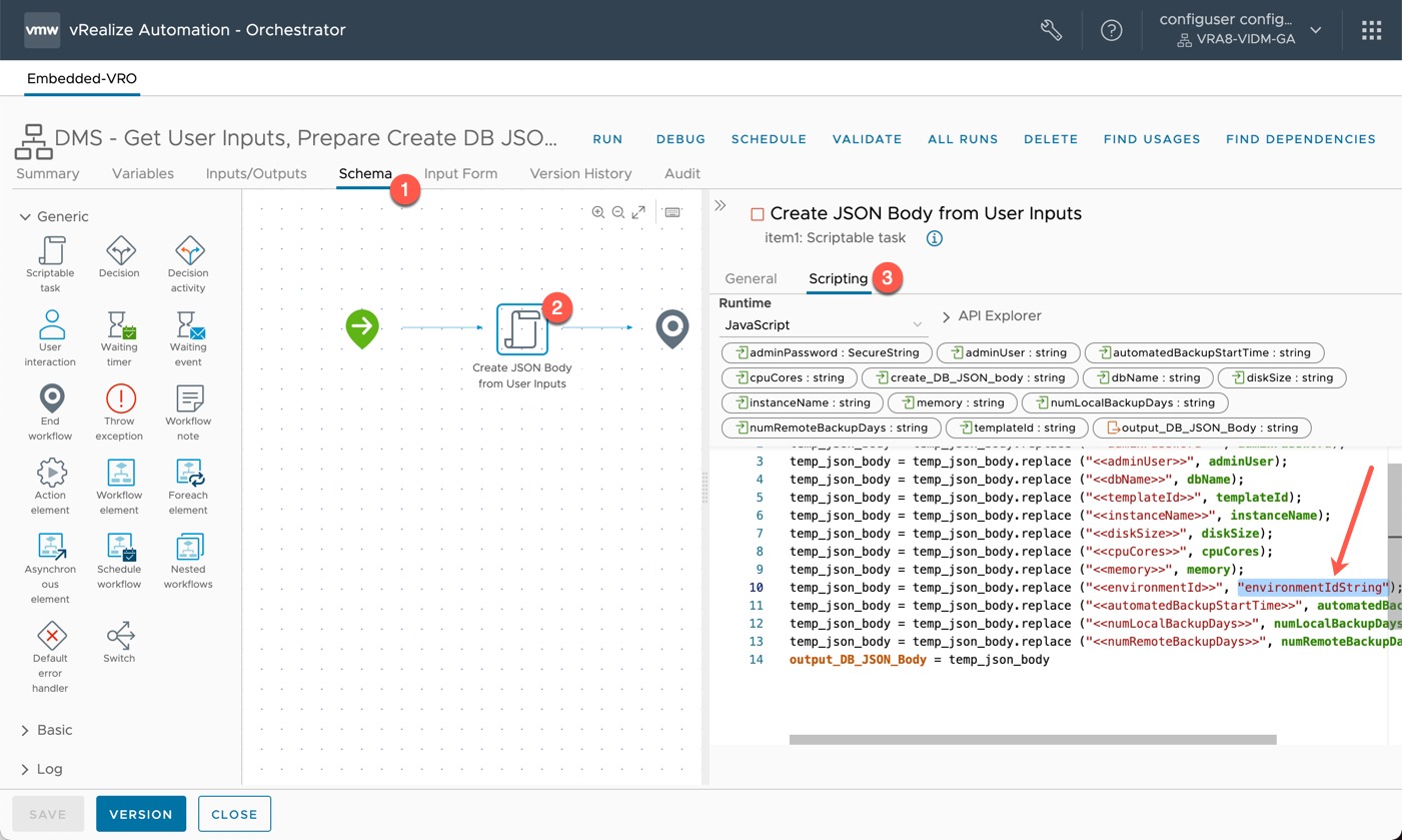 DMS - vRO Workflow - Update User Inputs Workflow - Insert environmentId string