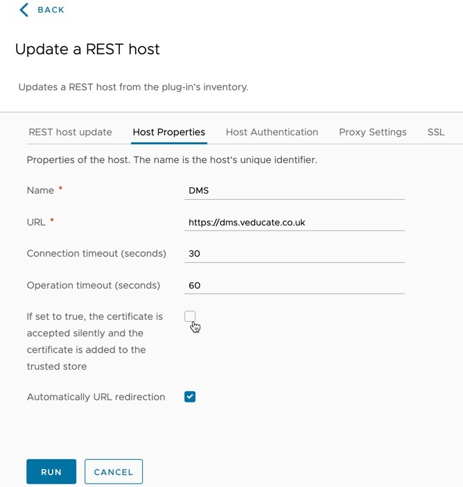 DMS - vRO Workflow - Update a Rest Host - Host to be updated - Host Properties