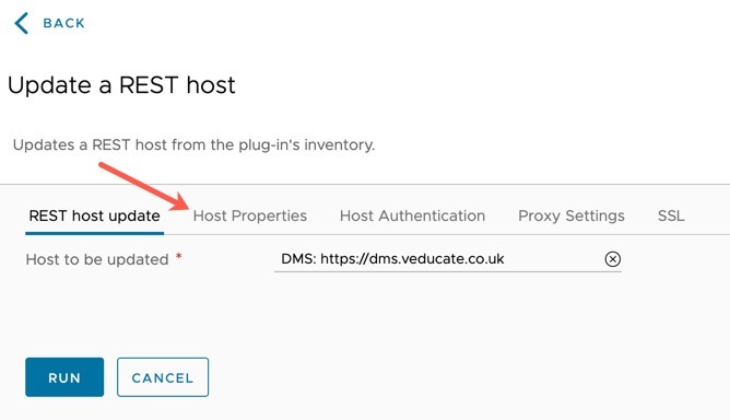 DMS - vRO Workflow - Update a Rest Host - Host to be updated - Host Properties