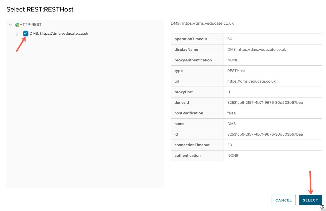 DMS - vRO Workflow - Update a Rest Host - Host to be updated - Select REST Host