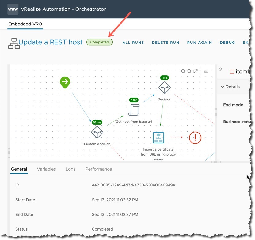DMS - vRO Workflow - Update a Rest Host - Run completed