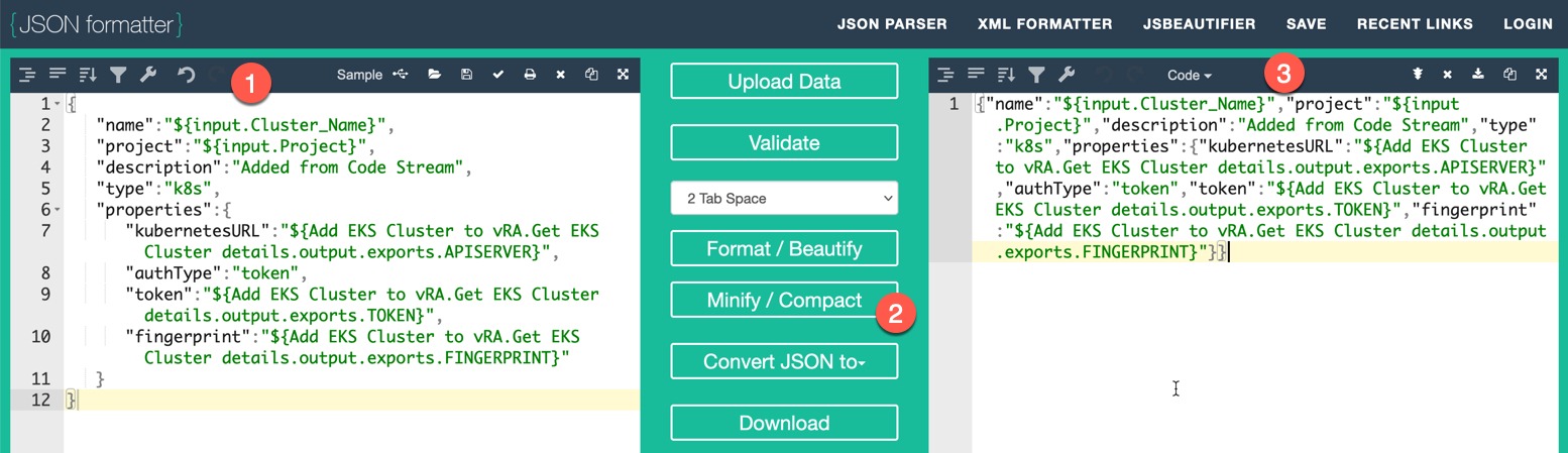 vRA 8.5 Code Stream - Unexpected character was expecting double-quote to start field name - Stringify compact flatten json