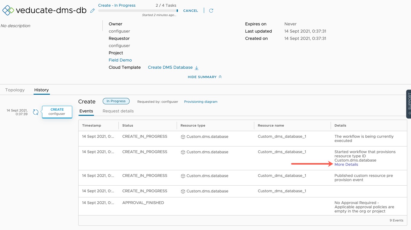 vRA - Custom Resource Test Deployment - Deployment History