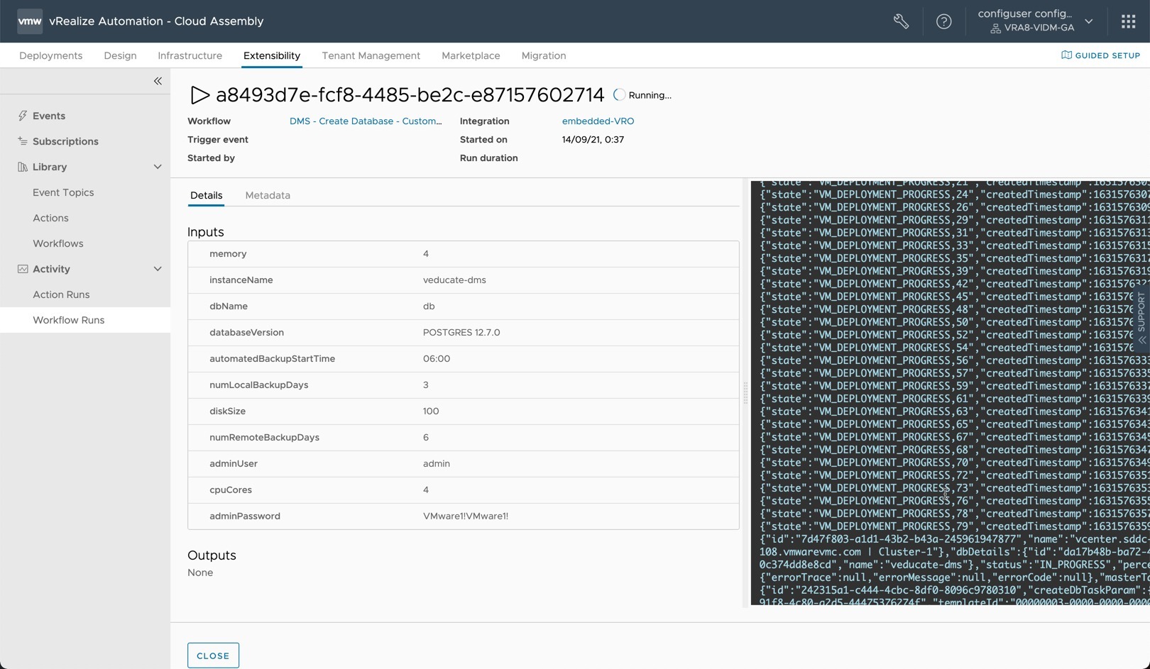 vRA - Custom Resource Test Deployment - Workflow run in vRA UI