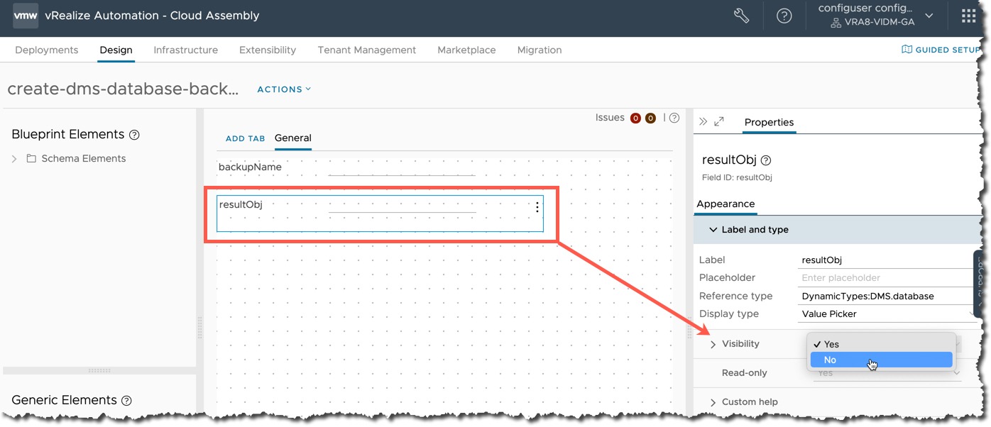 vRA Custom Resources - Create New Custom Resource - Day 2 action - Request Parameters - Set resultObj visibility to no
