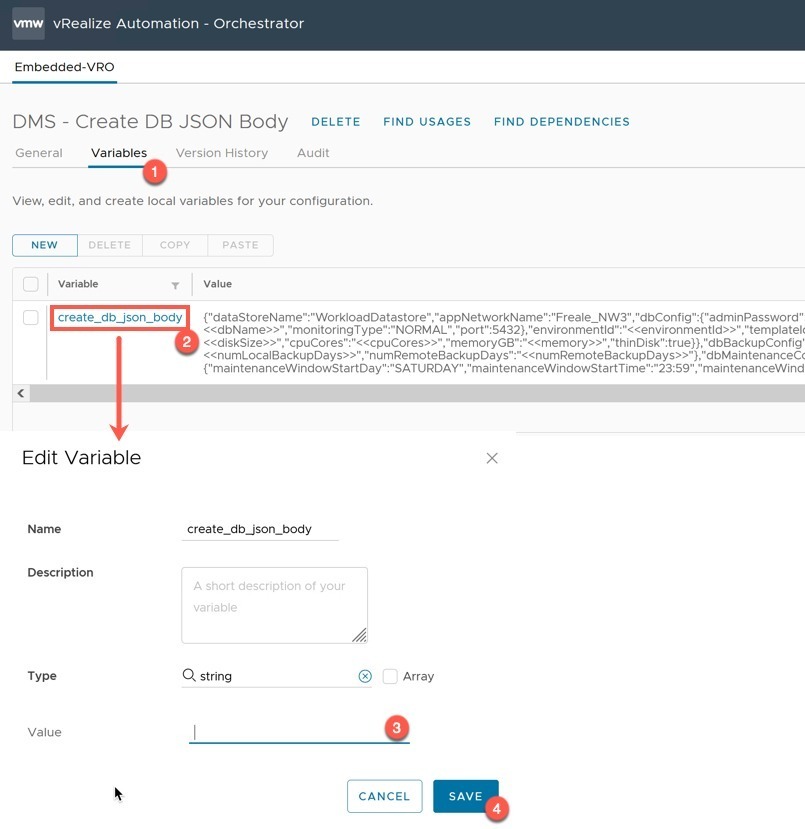 vRO - Configurations - DMS - Create DB JSON Body - Edit Variable