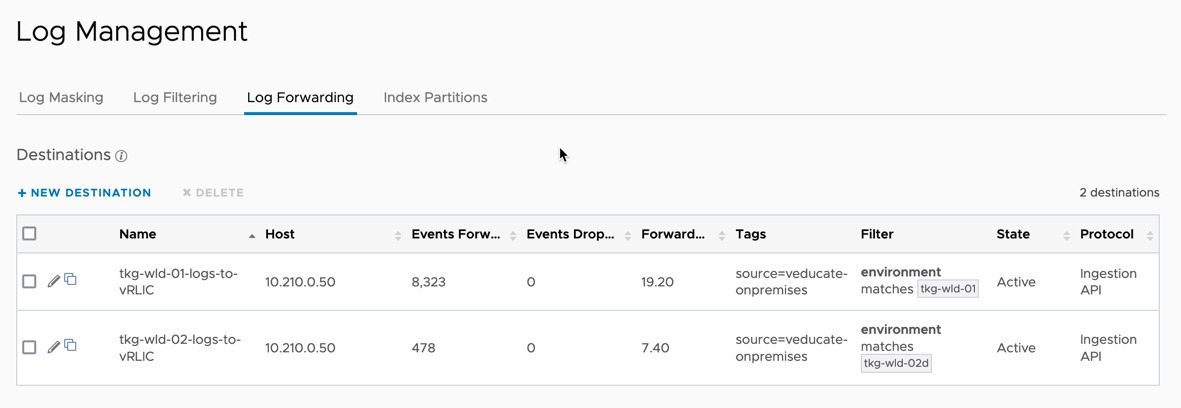 vRLI Log Archive - Configure Log Forwarding examples