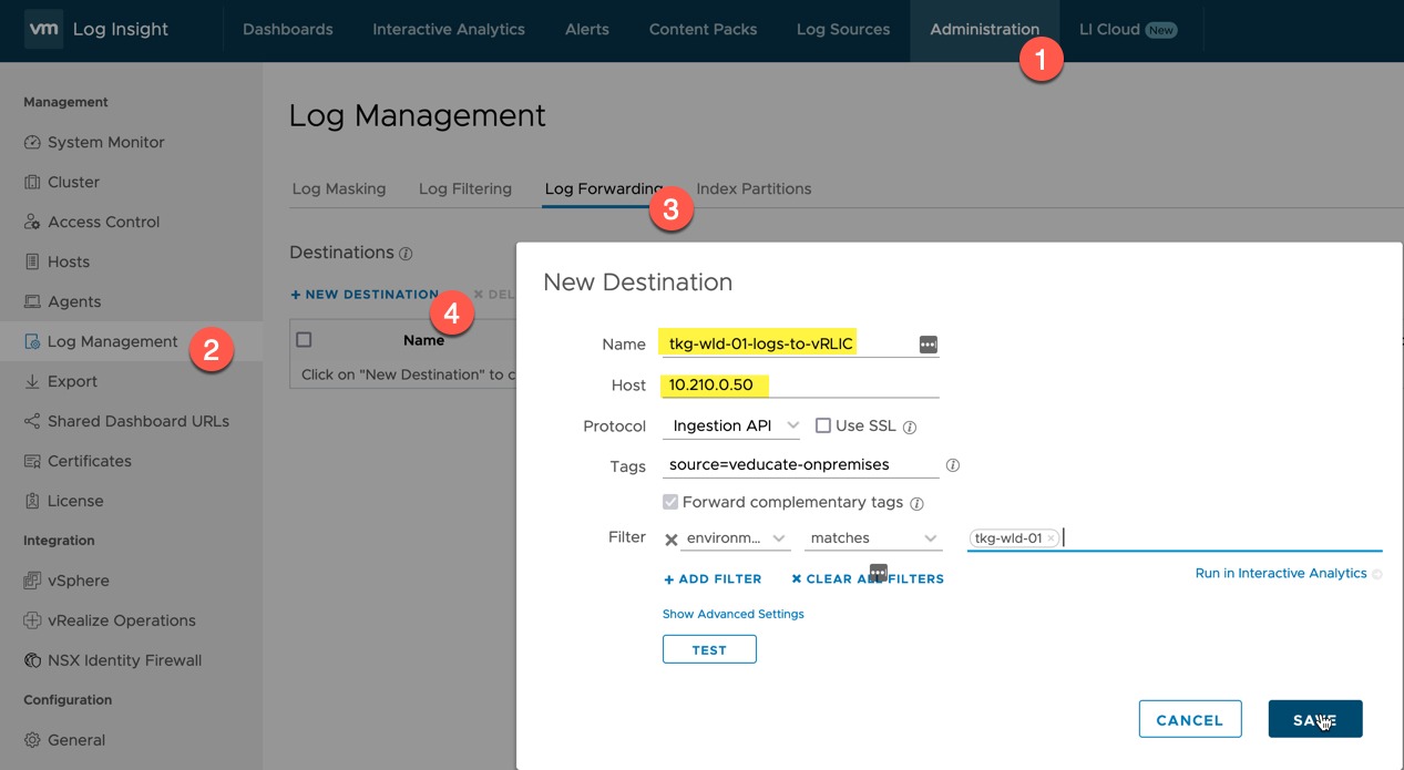 vRLI Log Archive - Configure Log Forwarding