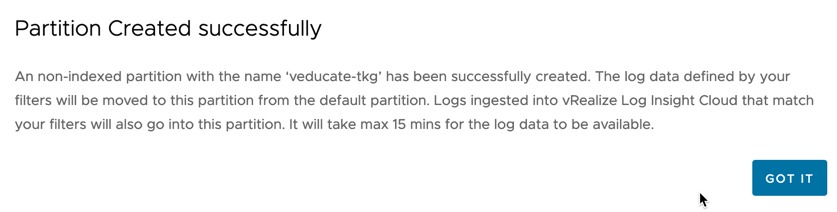 vRLI Log Archive - Create Log Partition - Non Indexed - Successfully created
