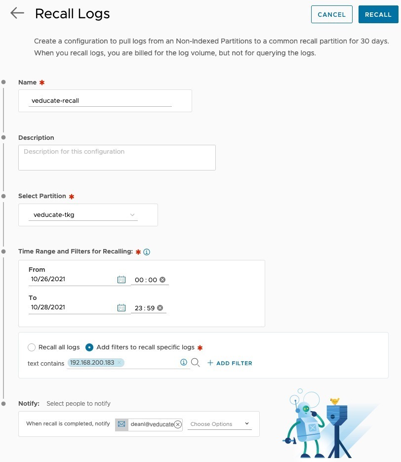 vRLI Log Archive - Log Partitions - Create Recall logs