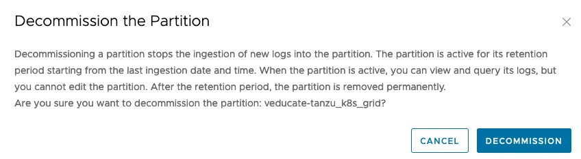 vRLI Log Archive - Log Partitions - Decommission Partition Confirmation