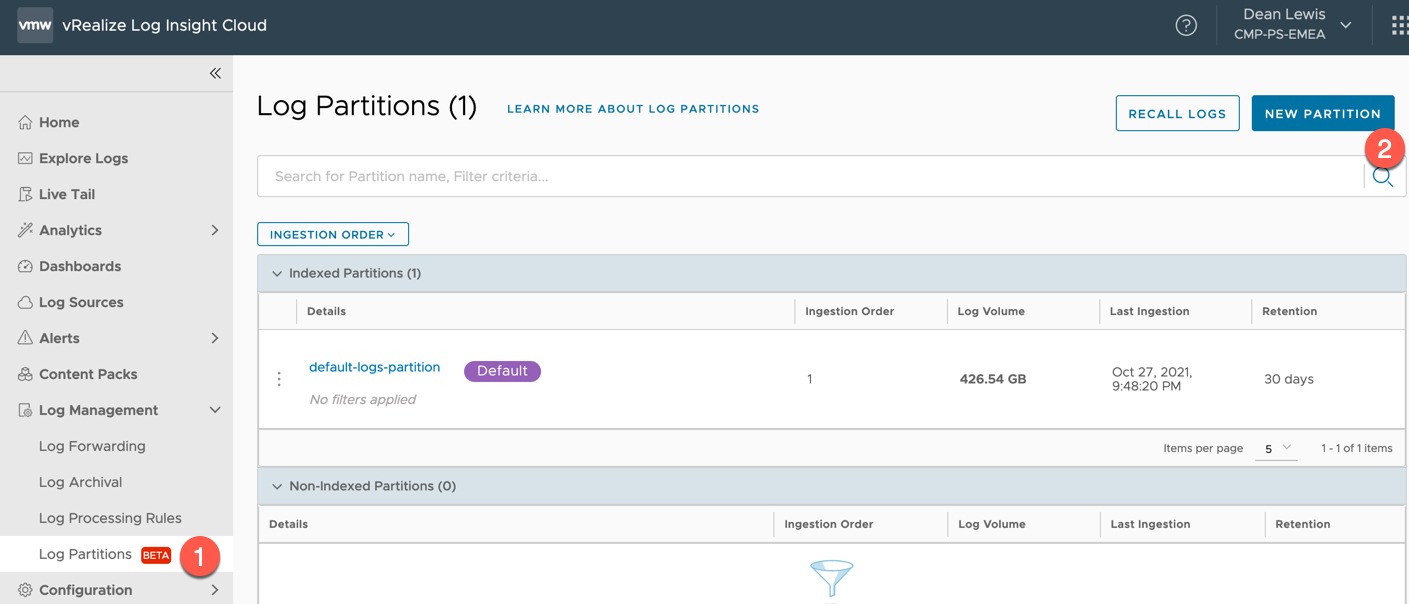 vRLI Log Archive - Log Partitions - New Partition