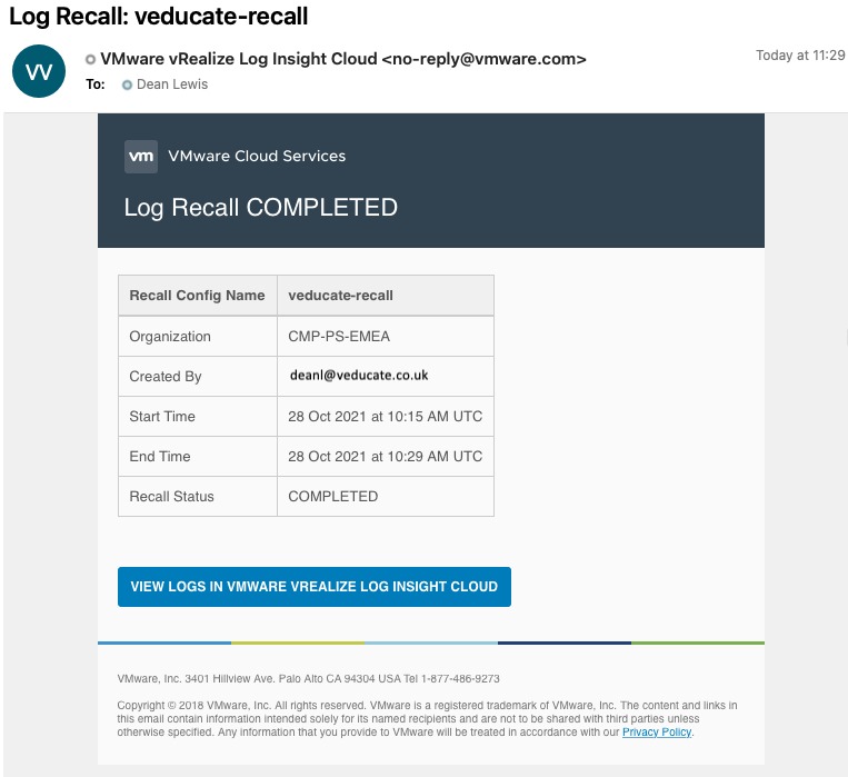 vRLI Log Archive - Log Partitions - Recall Logs Completed - Email