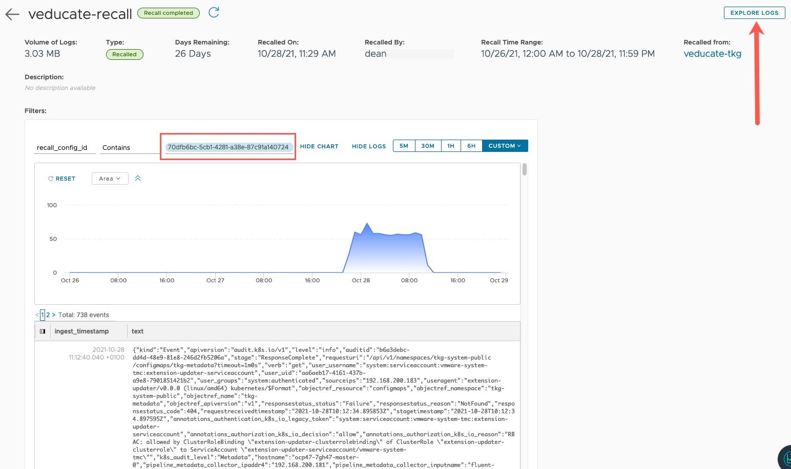 vRLI Log Archive - Log Partitions - Recall Logs Completed View