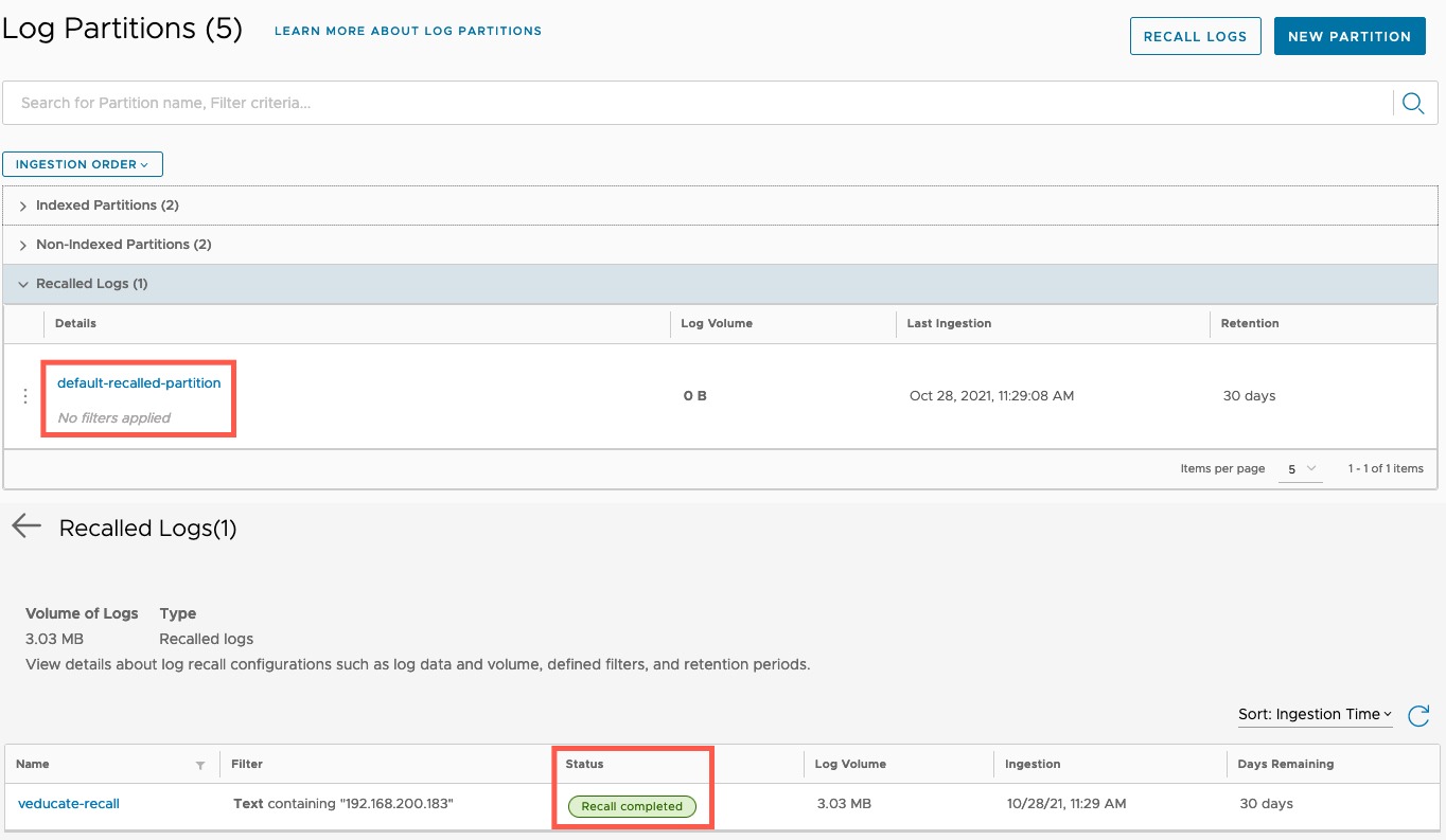vRLI Log Archive - Log Partitions - Recall Logs Completed