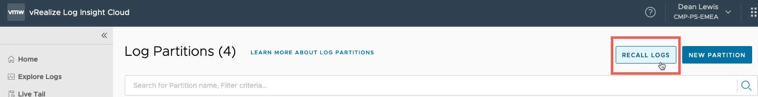 vRLI Log Archive - Log Partitions - Create Recall logs