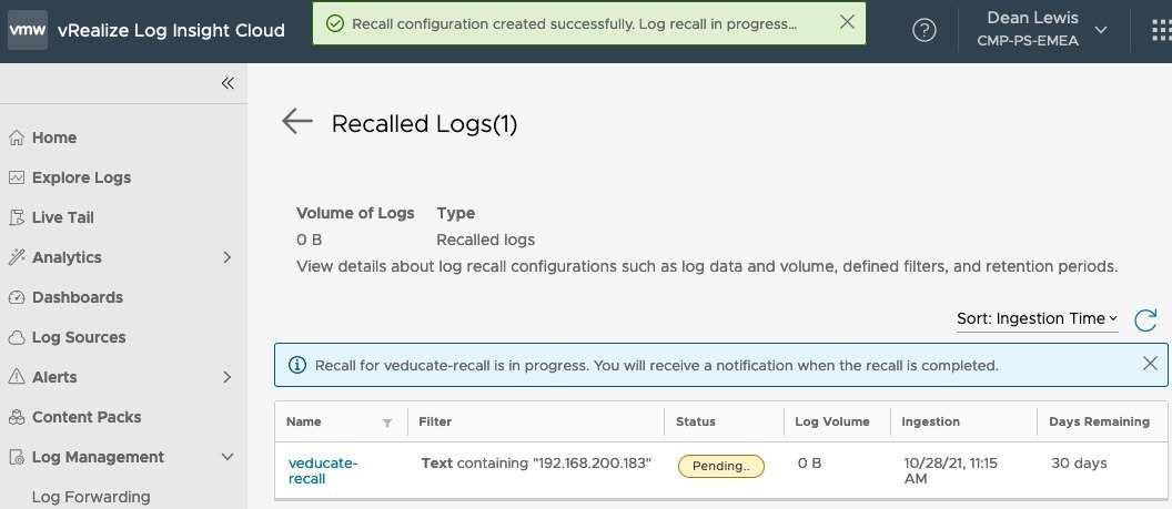 vRLI Log Archive - Log Partitions - Recall logs - Pending