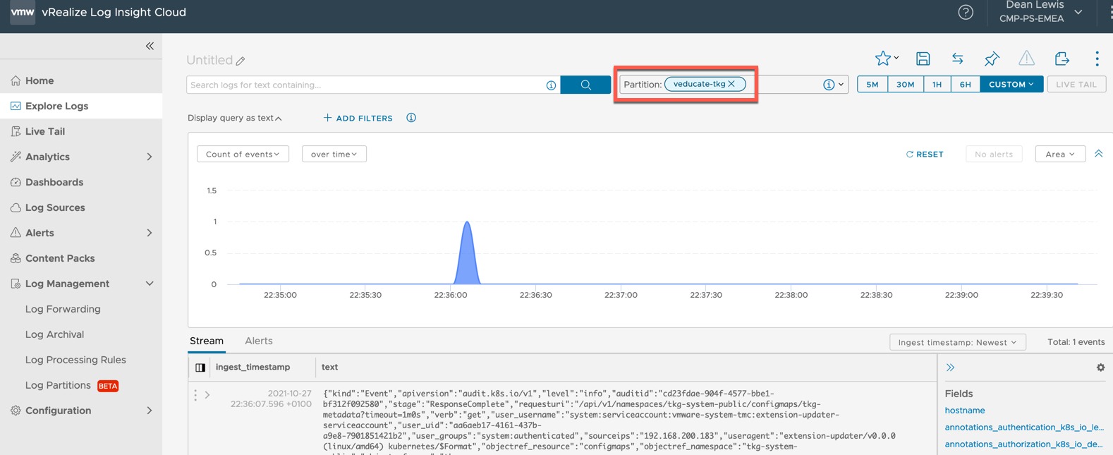 vRLI Log Archive - Log Partitions - view logs in the partition - explore logs