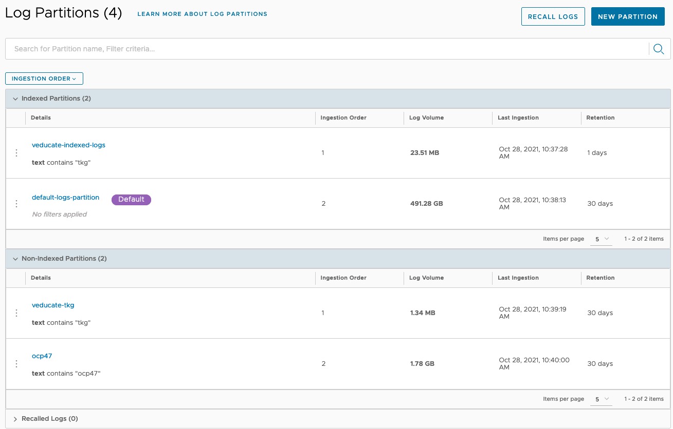 vRLI Log Archive - Log Partitions