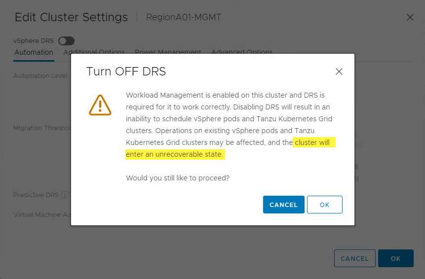 wcp - disable drs message
