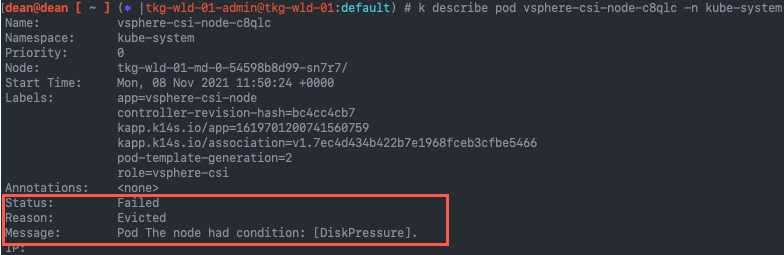 TKG - kubectl describe pod - failed - evicted - pod the node had condition disk pressure