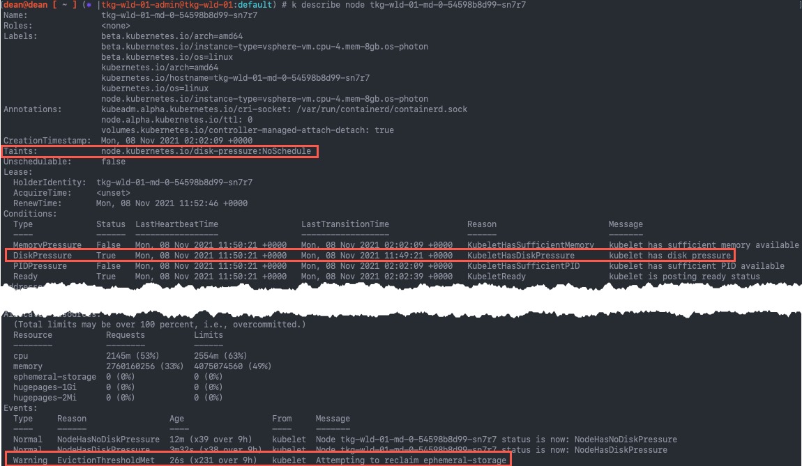 TKG - kubectl describle node - disk pressure