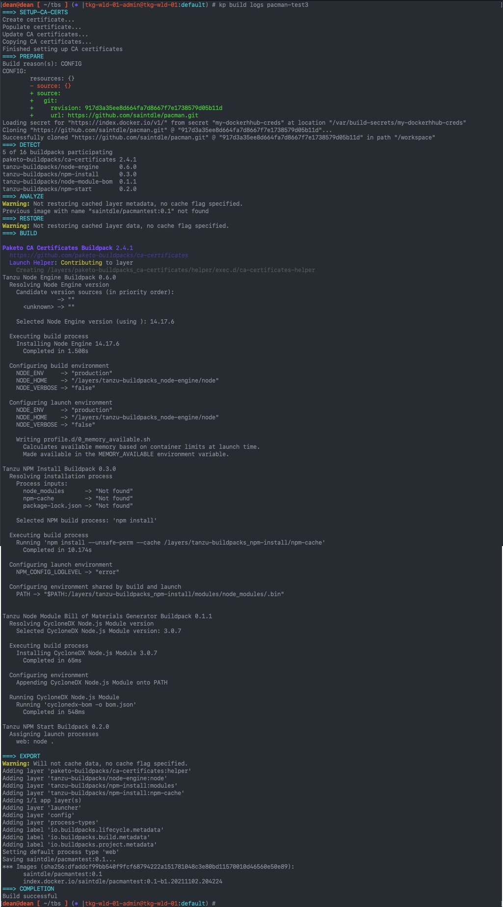 Tanzu Build Services - kp build logs - pacman