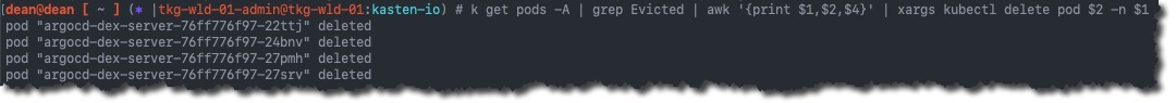 kubectl get pods -A grep Evicted awk xargs kubectl delete pod
