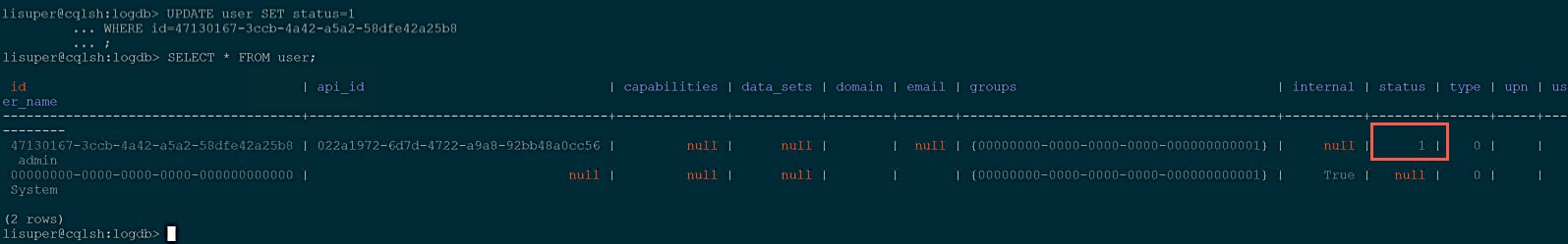 vRLI - Cassandra DB - update user set status 1