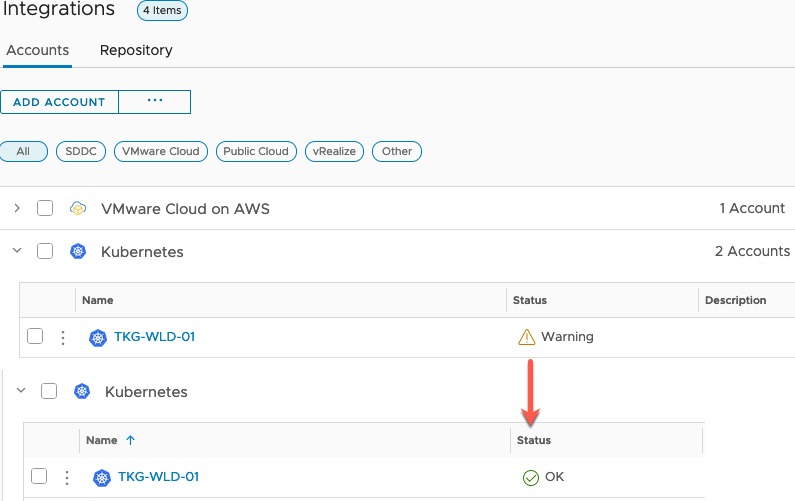 vrops - integrations - Kubernetes - Status warning ok