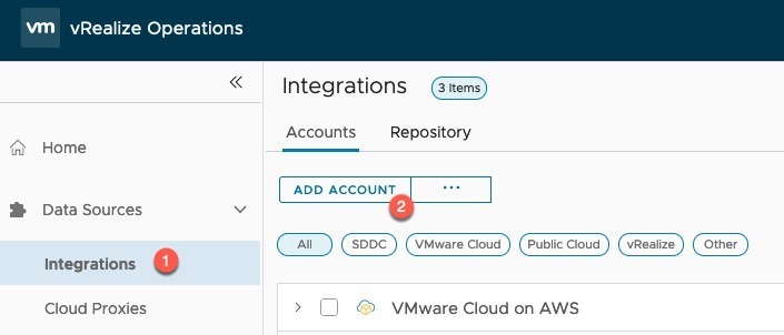 vrops - integrations - add account