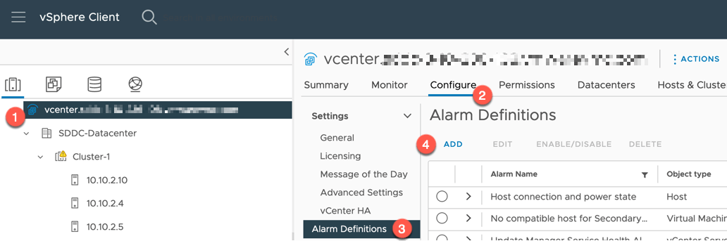 VMC vCenter Alarms - Create an Alarm Definition