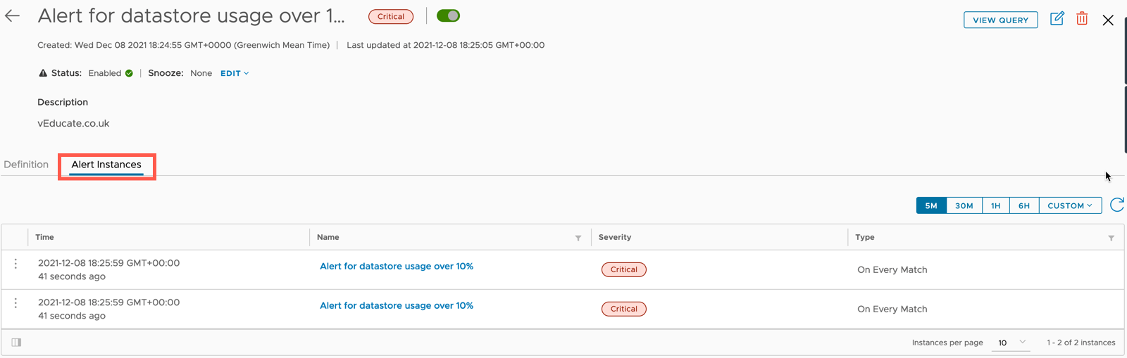 VMC vCenter Alarms - Log Insight Cloud - Alert Instances