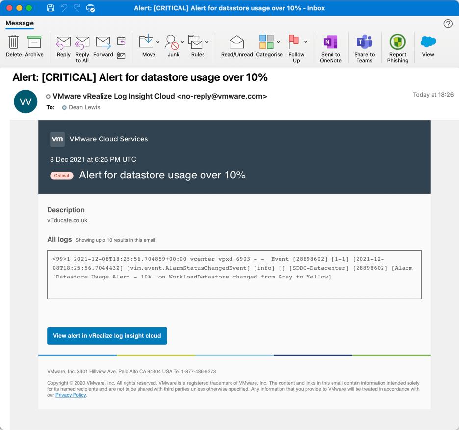 VMC vCenter Alarms - Log Insight Cloud - Alert email example